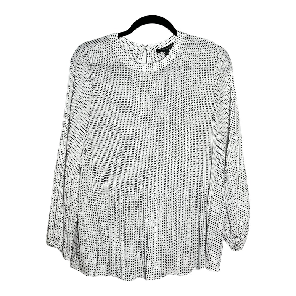 Adrianna Papell Women Pleated Georgette Blouse Polka Dot White Black L NWT - Picture 1 of 10